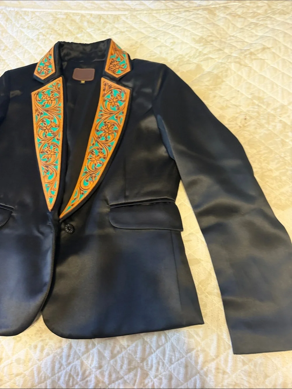 Black Blazer with Turquoise & Orange Embroidered Lapel